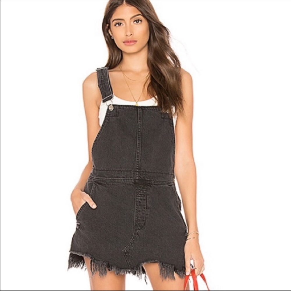 Free People Black Denim Overall Mini Dress